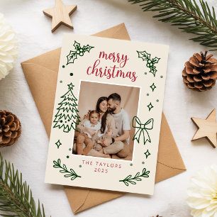 Modern Hand Drawn Botanical Family Photo Christmas Holiday Card