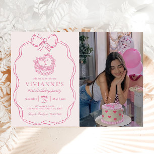 Modern Hand Drawn Bow Pink Girl Birthday Photo Invitation