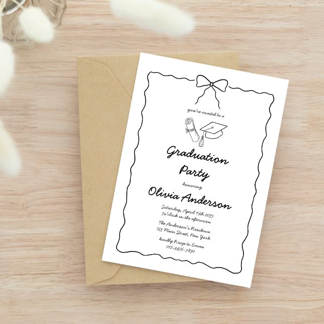 Modern Hand-Drawn Bow Squiggle Graduation Party Invitation (Creator Uploaded)