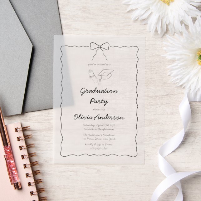 Modern Hand-Drawn Bow & Squiggle Graduation Party Vellum Invitations (Wedding)
