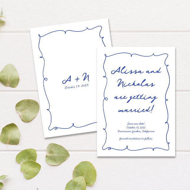 Modern Hand Drawn Bright Blue Monogram Wedding Save The Date (Creator Uploaded)