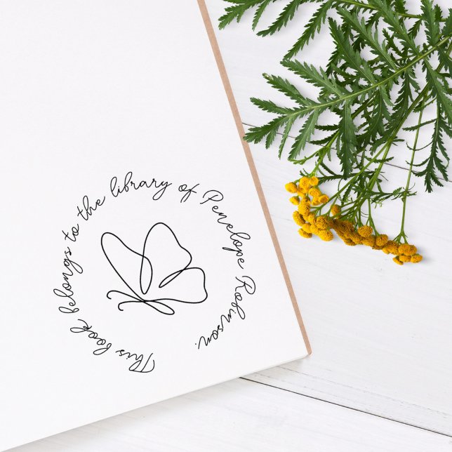 Modern Hand-drawn Butterfly Library Book Custom Rubber Stamp (Creator Uploaded)