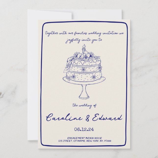 Modern Hand Drawn Cake Retro boho wedding Invitation (Front)