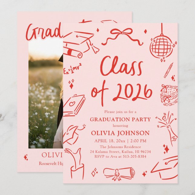 Modern Hand Drawn Class of 2026 Graduation Party Invitation (Front/Back)