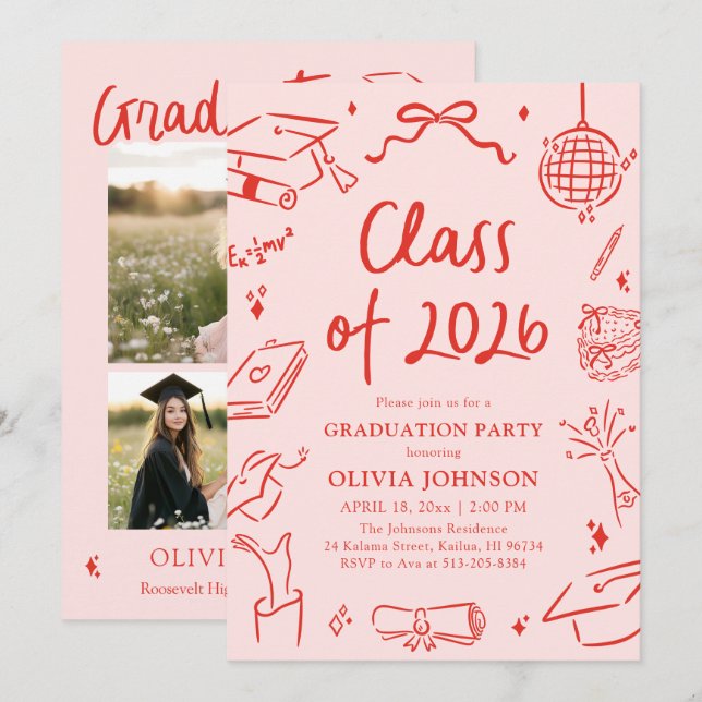 Modern Hand Drawn Class of 2026 Graduation Party Invitation (Front/Back)