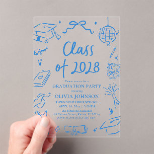 Modern Hand Drawn Class of 2028 Graduation Party Acrylic Invitations