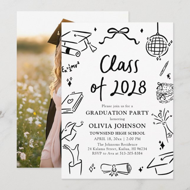 Modern Hand Drawn Class of 2028 Graduation Party Invitation (Front/Back)