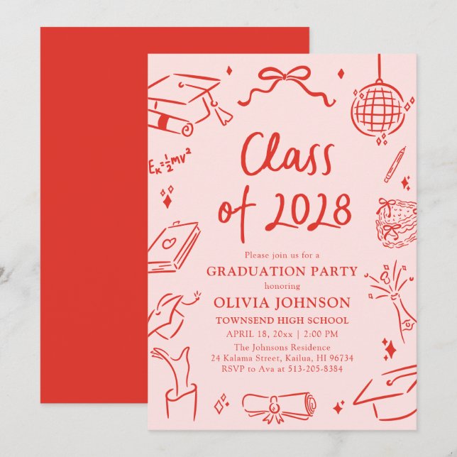 Modern Hand Drawn Class of 2028 Graduation Party Invitation (Front/Back)