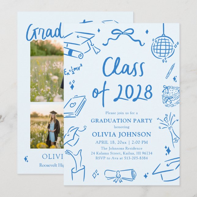 Modern Hand Drawn Class of 2028 Graduation Party Invitation (Front/Back)
