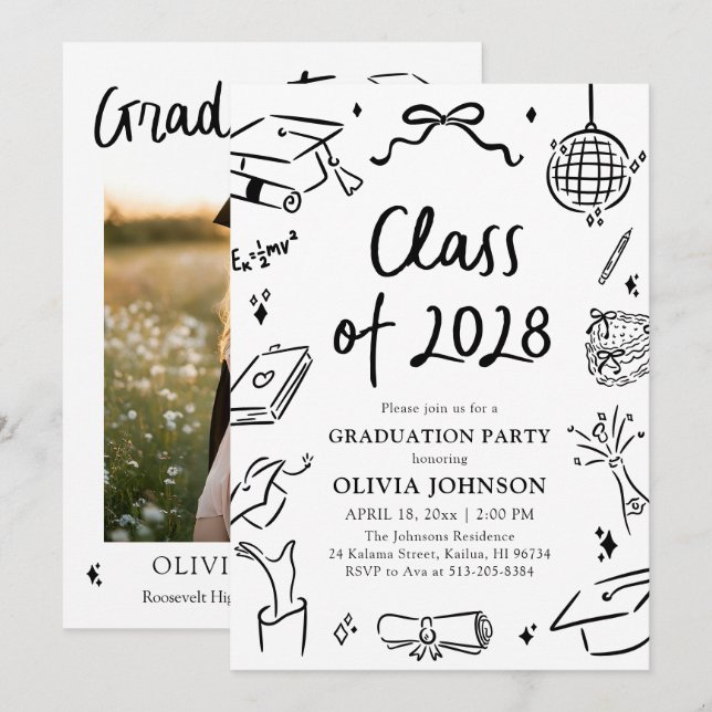 Modern Hand Drawn Class of 2028 Graduation Party Invitation (Front/Back)