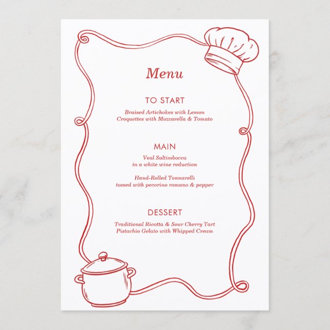 Modern Hand Drawn Cooking Chef Red Birthday Menu (Front)