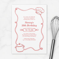 Modern Hand Drawn Cooking Class Red Birthday