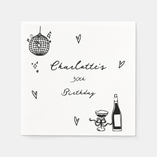 Modern Hand Drawn disco ball 30th Birthday Napkin (Front)