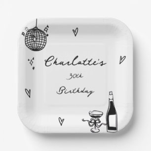 Modern Hand Drawn disco ball 30th Birthday Paper Plate