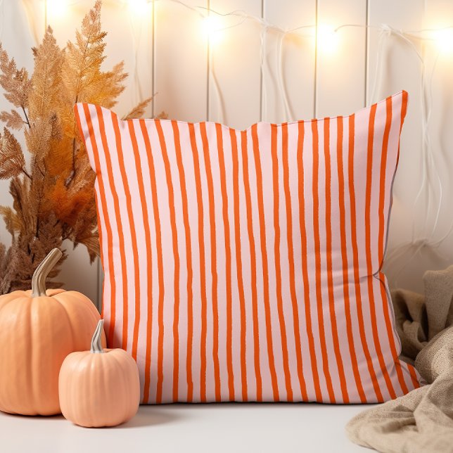 Modern Hand Drawn Fall Vermillion Striped Throw Pillow (Creator Uploaded)