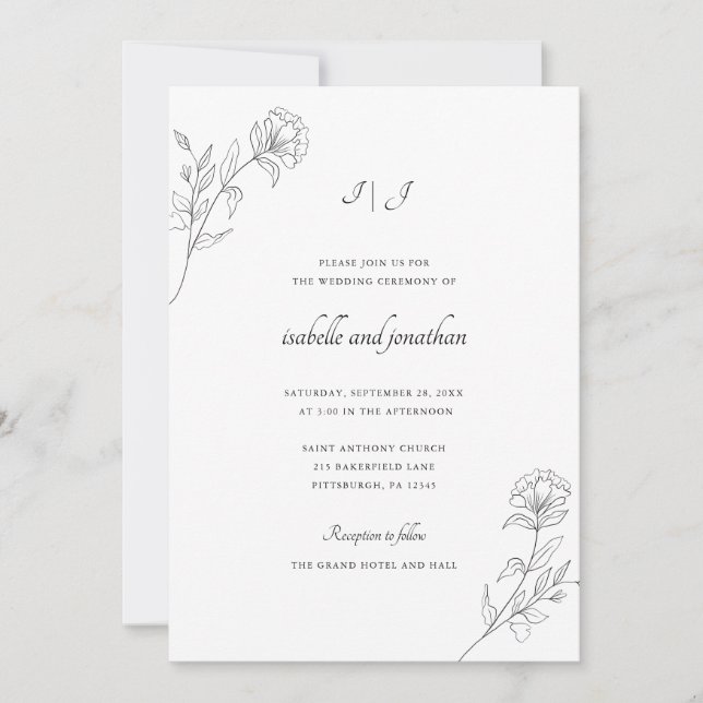 Modern Hand Drawn Floral Wedding Invitation (Front)
