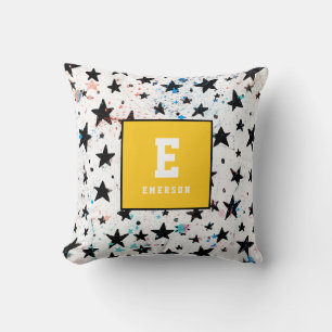 modern hand drawn fun space and stars monochrome throw pillow
