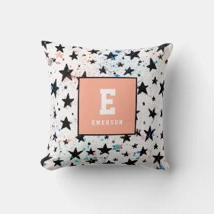 modern hand drawn fun space and stars monochrome throw pillow