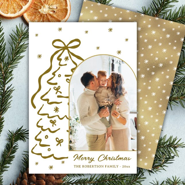 Modern Hand-Drawn Gold Christmas Tree Arch Photo Holiday Card (Creator Uploaded)