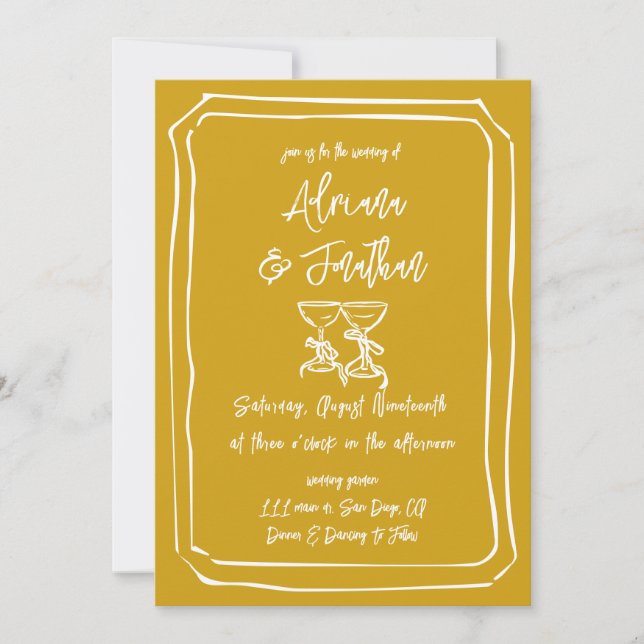 Modern Hand Drawn Mustard Yellow Wedding Invitation (Front)