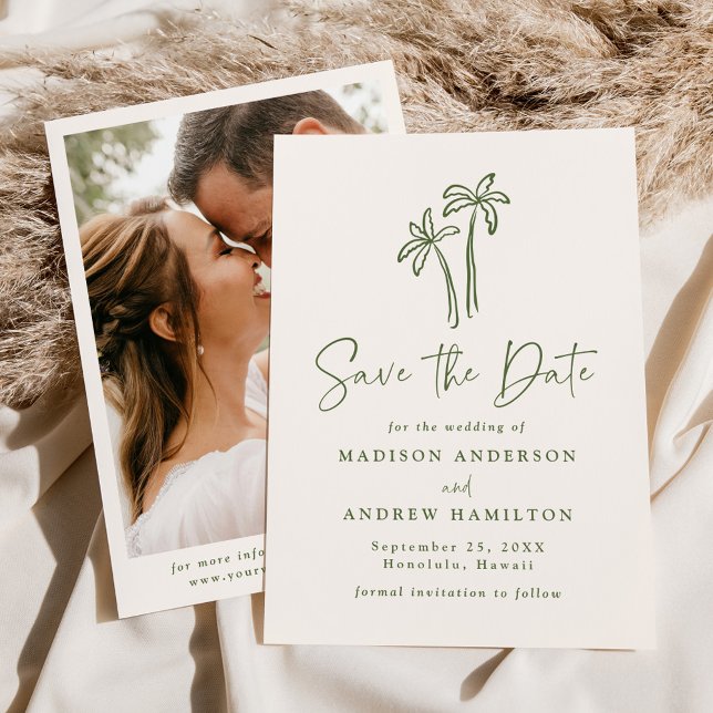 Modern Hand-Drawn Palm Tree Cream Photo Wedding Save The Date (Creator Uploaded)