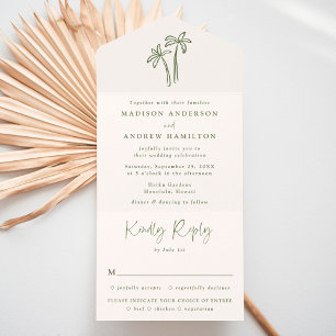 Modern Hand-Drawn Palm Trees Cream Wedding All In One Invitation