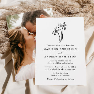 Modern Hand-Drawn Palm Trees Photo Wedding Invitation