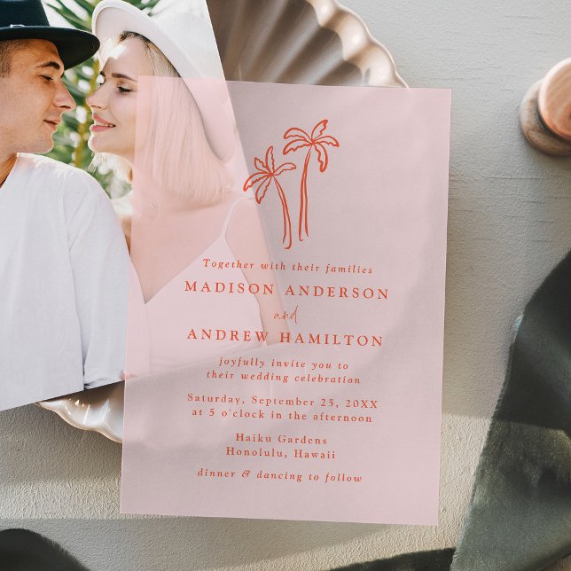 Modern Hand-Drawn Palm Trees Pink Wedding Vellum Invitations (Creator Uploaded)