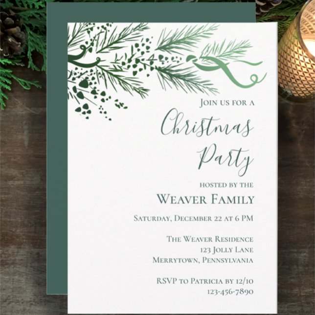Modern Hand Drawn Pine Christmas Party invitation (Customize this Christmas party invitation template. My original hand drawn pine bows and berries.
)