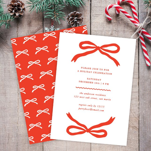 Modern Hand-drawn Red Bow Christmas Holiday Party Invitation (Creator Uploaded)