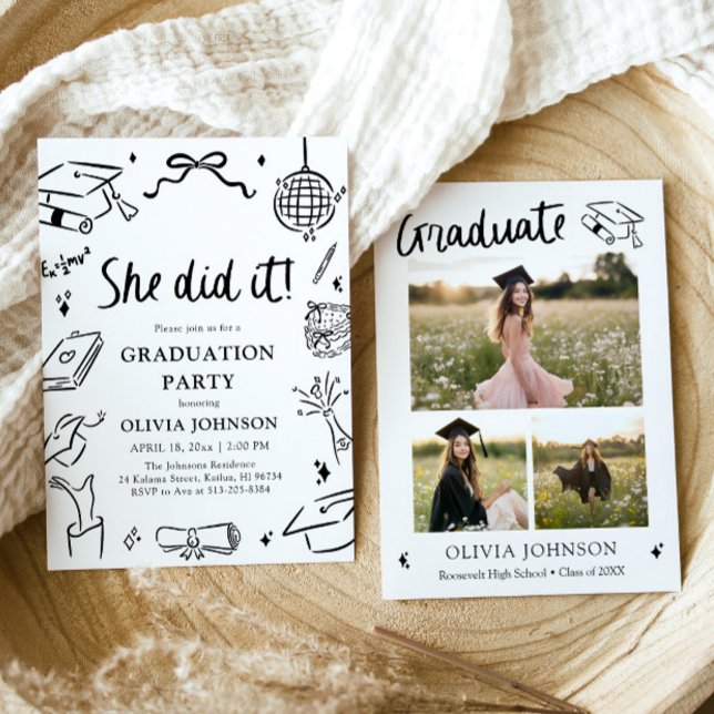 Modern Hand Drawn She did it Graduation Party Invitation (Modern Hand Drawn She did it Graduation Party Invitation)