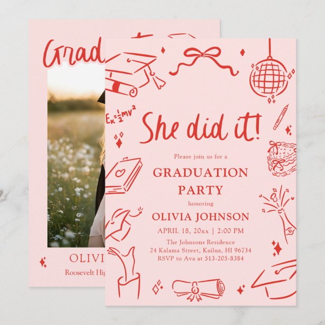 Modern Hand Drawn She did it Graduation Party Invitation (Front/Back)