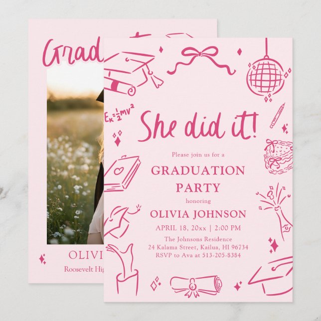 Modern Hand Drawn She did it Pink Graduation Party Invitation (Front/Back)