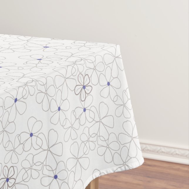Modern Hand-drawn Taupe Periwinkle Flower Tablecloth (In Situ)