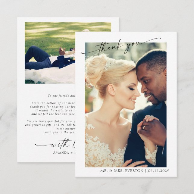 Modern Hand Lettered 2 Photo Wedding Thank You (Front/Back)