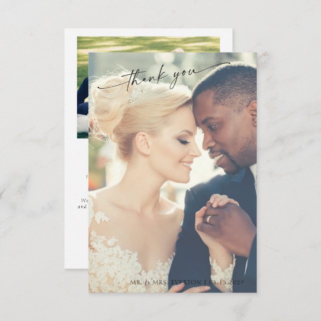 Modern Hand Lettered 2 Photo Wedding Thank You (Front/Back)