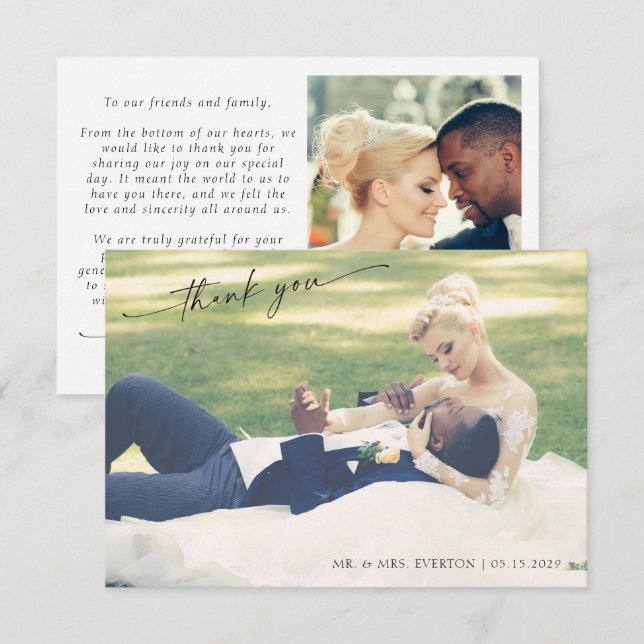 Modern Hand Lettered 2 Photo Wedding Thank You Card (Front/Back)