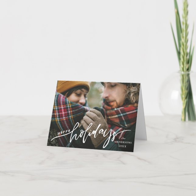 Modern Hand-Lettered Happy Holidays Red Photo Holiday Card (Front)