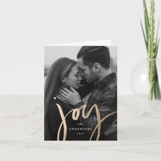Modern Hand-Lettered Joy Faux Gold Foil Photo Holiday Card (Front)
