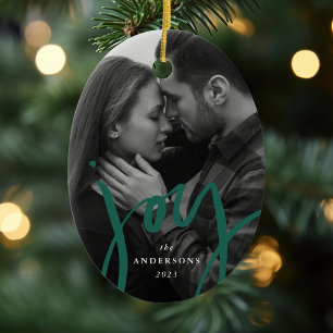Modern Hand-Lettered Joy Green Photo Holiday Ceramic Ornament