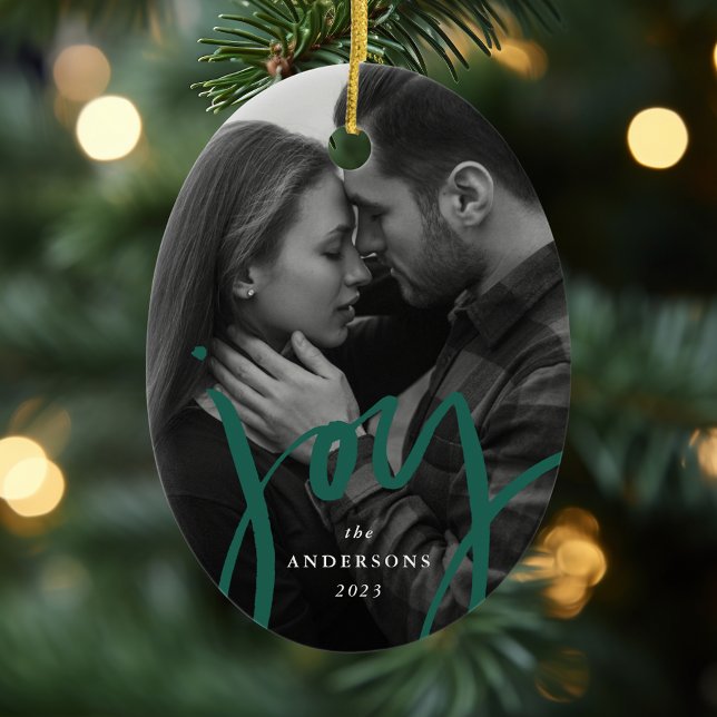 Modern Hand-Lettered Joy Green Photo Holiday Ceramic Ornament (Creator Uploaded)