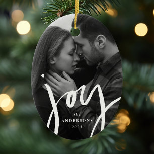Modern Hand-Lettered Joy Photo Holiday Ceramic Ornament