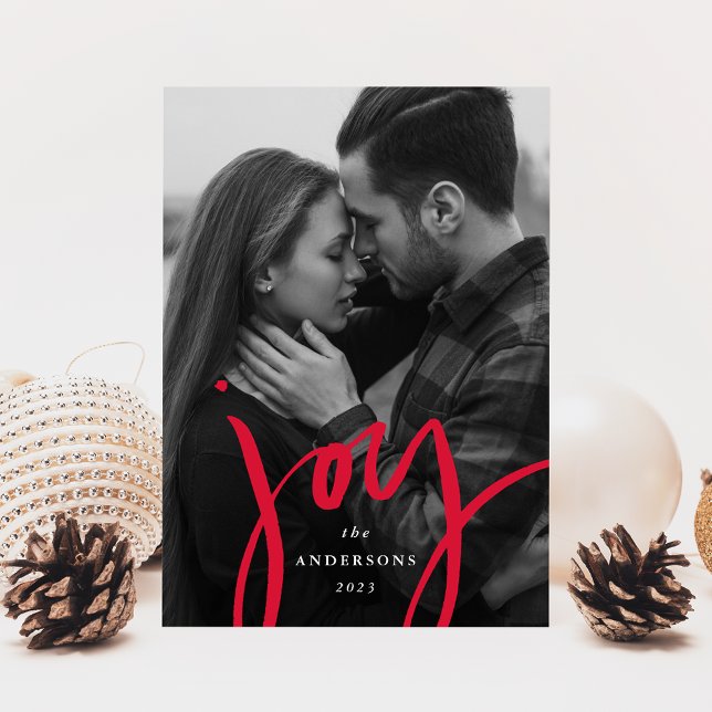 Modern Hand-Lettered Joy Red Photo Holiday Card (Creator Uploaded)