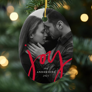 Modern Hand-Lettered Joy Red Photo Holiday Ceramic Ornament