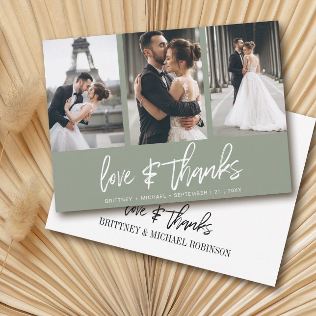 Modern Hand-Lettered Photo Collage Sage Green Thank You Card (Show your appreciation to your loved ones with an awesome photo thank-you card!)