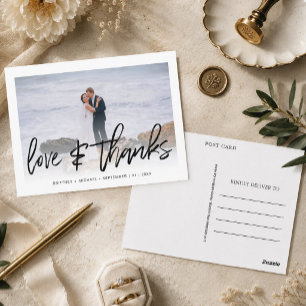 Modern Hand Lettered Photo Love and Thanks Wedding Postcard