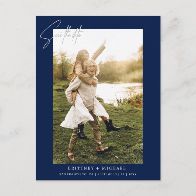 Modern Hand-Lettered Photo Save the Date Navy Announcement Postcard (Front)