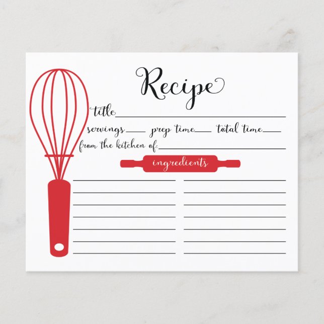 Modern Hand Lettered Red Whisk Recipe Card (Front)