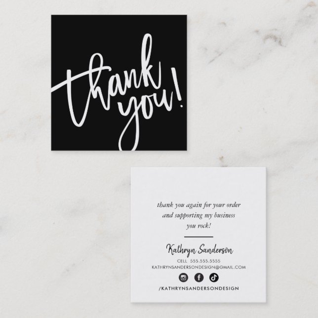 MODERN HAND LETTERED thank you black white writing Square Business Card (Front/Back)