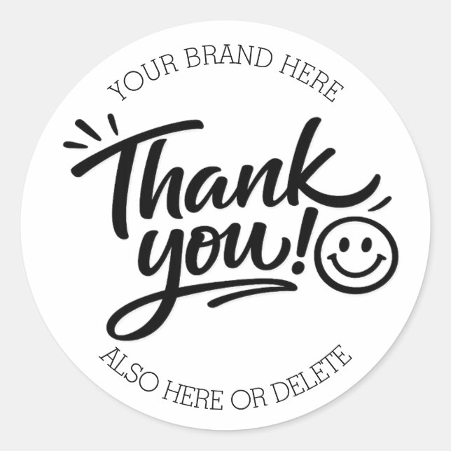 Modern Hand-Lettered “Thank You!” with Smiley Classic Round Sticker (Front)